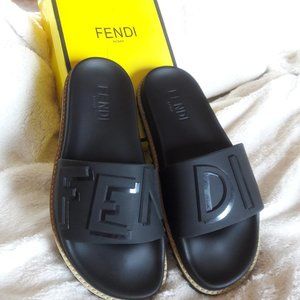 Fendi Men's Black Slides With Asymmetrical Logo